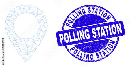 Web mesh map marker pictogram and Polling Station watermark. Blue vector round textured stamp with Polling Station message. Abstract carcass mesh polygonal model created from map marker pictogram.