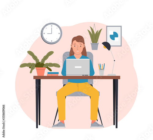 Freelance work in comfortable conditions. Woman working from home. Flat vector illustration