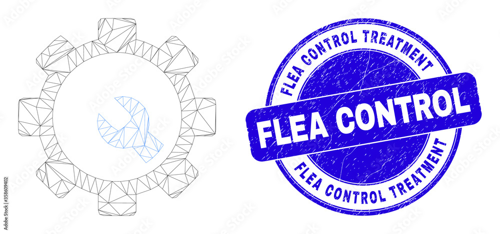 Fototapeta premium Web mesh setup tools icon and Flea Control Treatment seal stamp. Blue vector round textured stamp with Flea Control Treatment text. Abstract carcass mesh polygonal model created from setup tools icon.