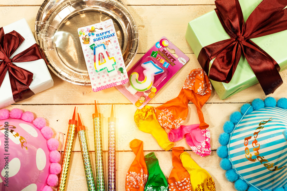 Fototapeta premium birthday party items flat lay.Top view