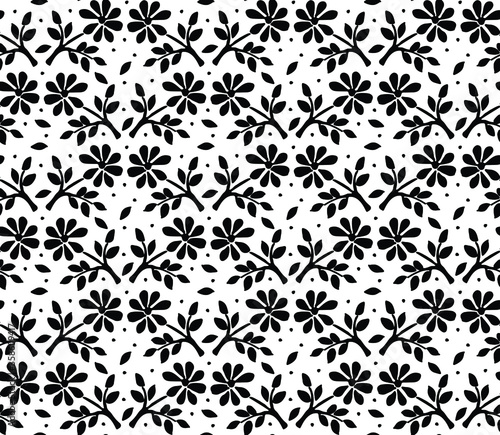 Seamless floral pattern, black and white background, seamless textile wallpaper, fabric print, fashion design, hand drawn element, classic daisy pattern, abstract texture, vector illustration