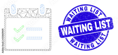 Web carcass calendar page tasks pictogram and Waiting List seal stamp. Blue vector rounded textured seal stamp with Waiting List phrase.