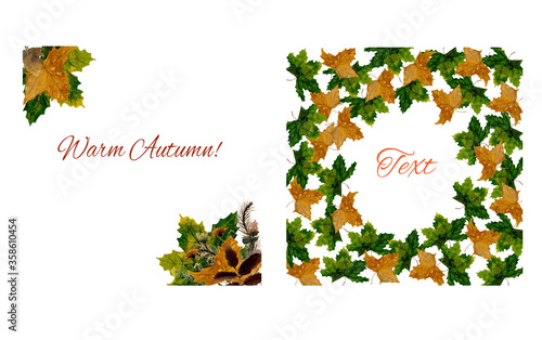 set of watercolor autumn cards with leaves and twigs