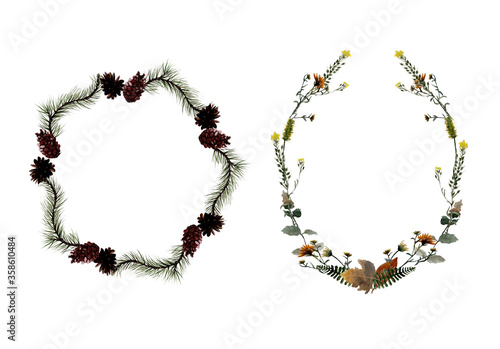Set of watercolor autumn wreaths of leaves, flowers and cones.