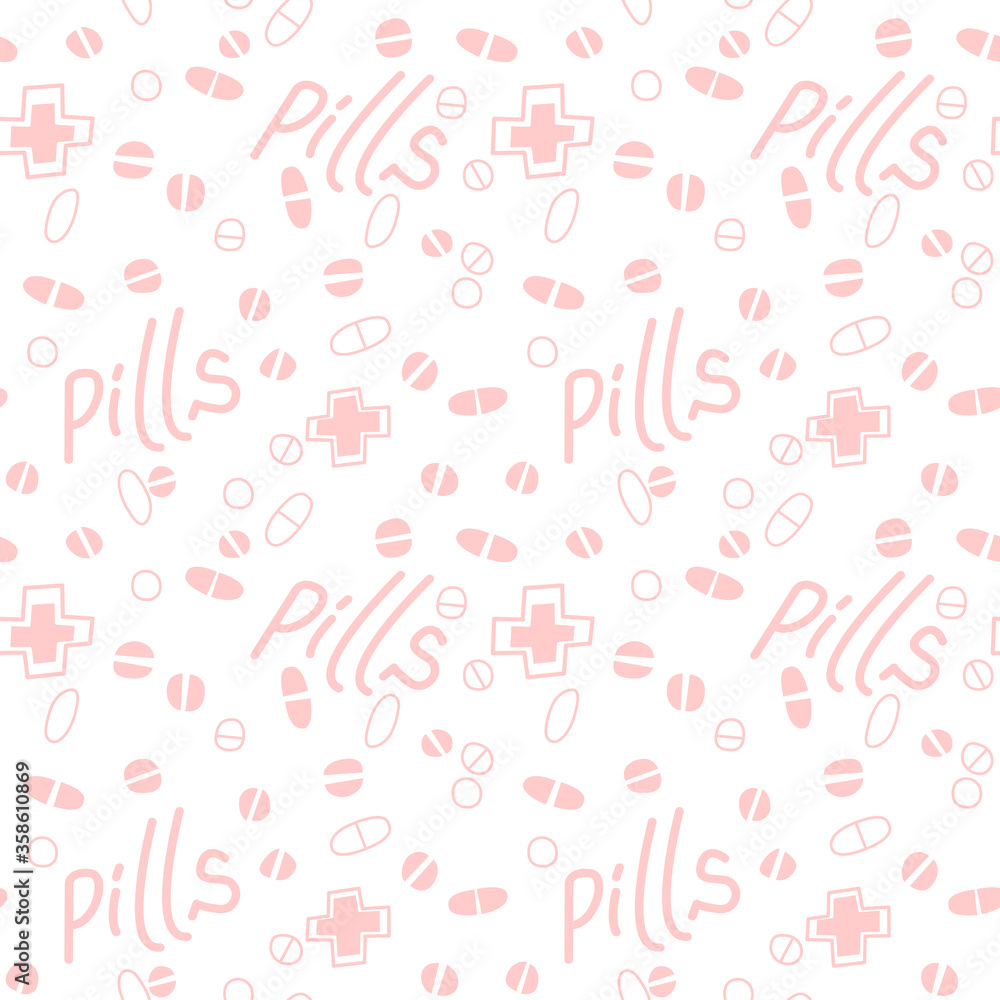 Seamless pattern with medicines, capsules, medicaments, drugs, pills and tablets. Medical pharmacy backgrounds and textures. Vector EPS10 illustration in doodle style Seamless pattern with medicines, capsules, medicaments, drugs, pills and tablets. Medical pharmacy backgrounds and textures. Vector EPS10 illustration in doodle style