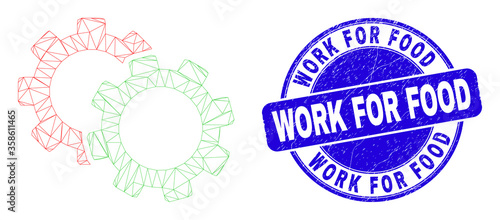 Web mesh cogs pictogram and Work for Food seal stamp. Blue vector round distress seal with Work for Food title. Abstract carcass mesh polygonal model created from cogs pictogram.