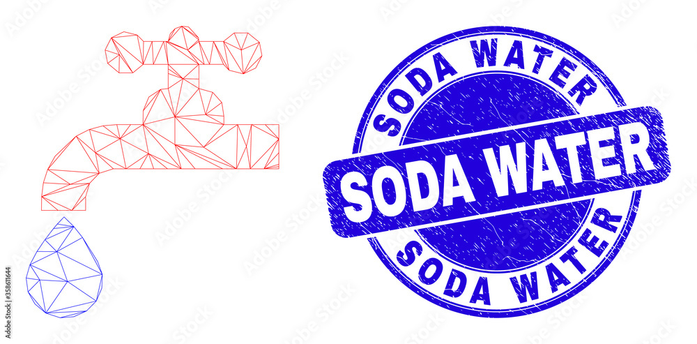 Web carcass water plumbing gear pictogram and Soda Water seal stamp. Blue vector round grunge seal stamp with Soda Water text.
