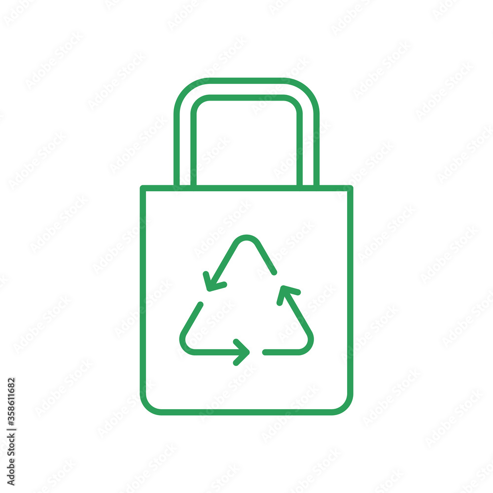 Cotton bag with recycle symbol. Say no to plastic bags concept. Cloth eco bag. Line icon. Green outline on white. Reusable shopping bag. Eco friendly tote handbag. Vector illustration, flat, clip art Cotton bag with recycle symbol. Say no to plastic bags concept. Cloth eco bag. Line icon. Green outline on white. Reusable shopping bag. Eco friendly tote handbag. Vector illustration, flat, clip art