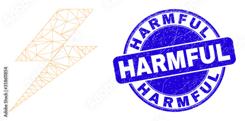 Web carcass flash icon and Harmful watermark. Blue vector round scratched watermark with Harmful phrase. Abstract carcass mesh polygonal model created from flash icon.