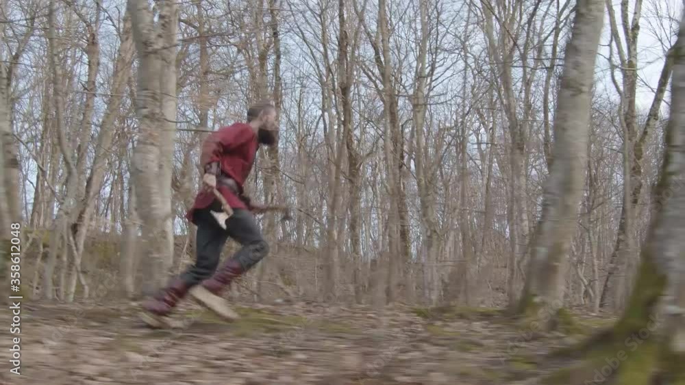 Slow motion brutal man with long beard in suit and the image of Viking with axes in his hands makes his way through thicket and runs through forest Slow motion brutal man with long beard in suit and the image of Viking with axes in his hands makes his way through thicket and runs through forest