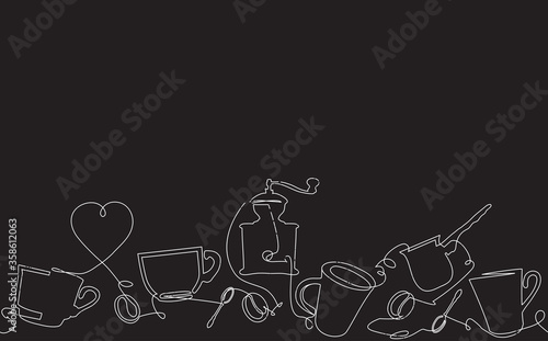 Coffee Horizontal Pattern. Background with Continuous Drawing Cups, Spoon Coffee Beans and Grinder. Chalkboard style. Can be used for your design works. Vector illustration.