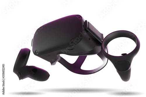 3D render of VR headset with goggles and controllers on white background