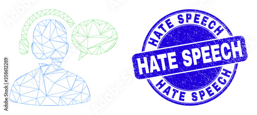 Web mesh operator message pictogram and Hate Speech seal stamp. Blue vector rounded grunge seal stamp with Hate Speech title.