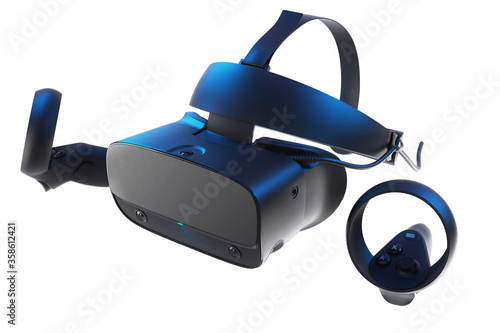3D render of VR headset with goggles and controllers on white background