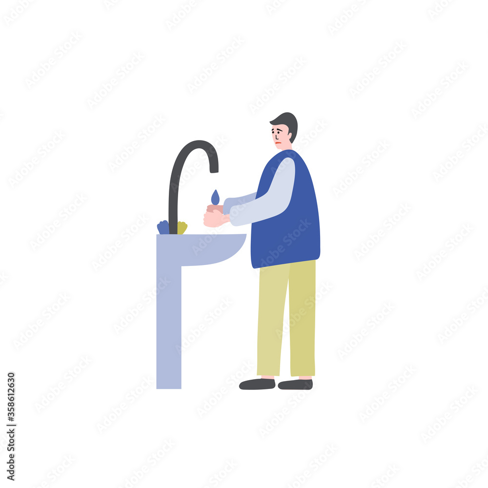 Vector illustration of a man washing his hands with water over the sink and washing his face in the morning. Vector illustration of a man washing his hands with water over the sink and washing his face in the morning.
