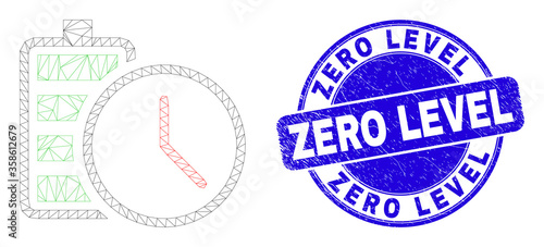 Web carcass battery charge time icon and Zero Level seal stamp. Blue vector rounded scratched seal stamp with Zero Level caption.