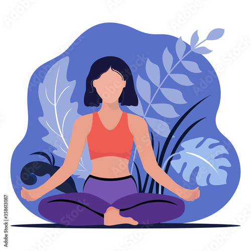 Trendy vector illustration of a woman practicing yoga. Yoga and meditation. Woman sitting in lotus position. International Yoga Day