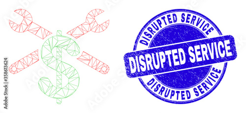 Web mesh repair price pictogram and Disrupted Service seal stamp. Blue vector rounded scratched seal with Disrupted Service phrase.