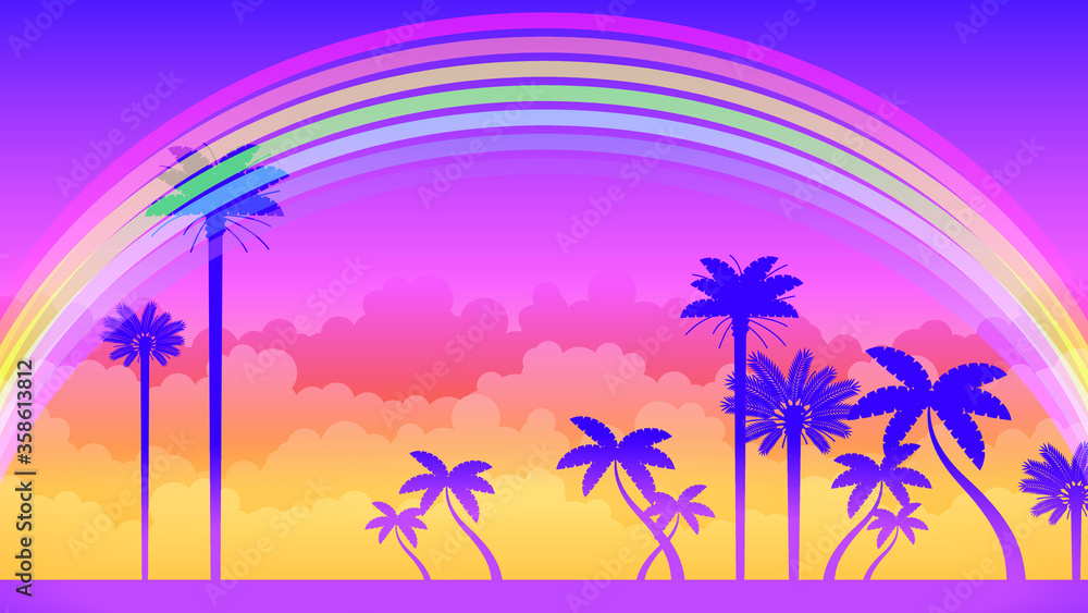 Abstract Beautiful Background Vector With Palm Trees Clouds And Rainbow