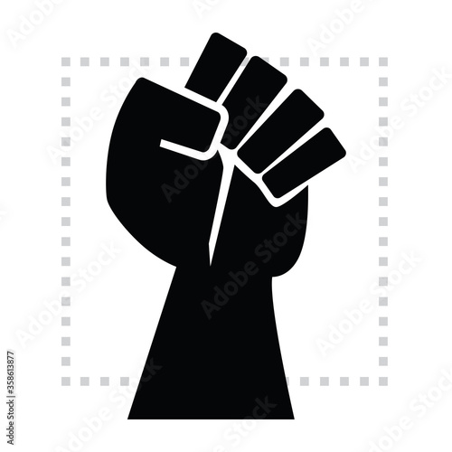 Black strong and powerful rise hand fist conceptual isolated symbol icon on white background with dotted square border