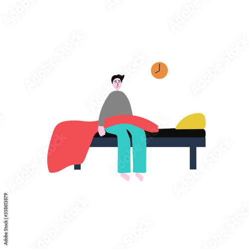 The young man woke up in the morning in a cheerful and good mood. Vector illustration on a white background for postcards, articles, posters.