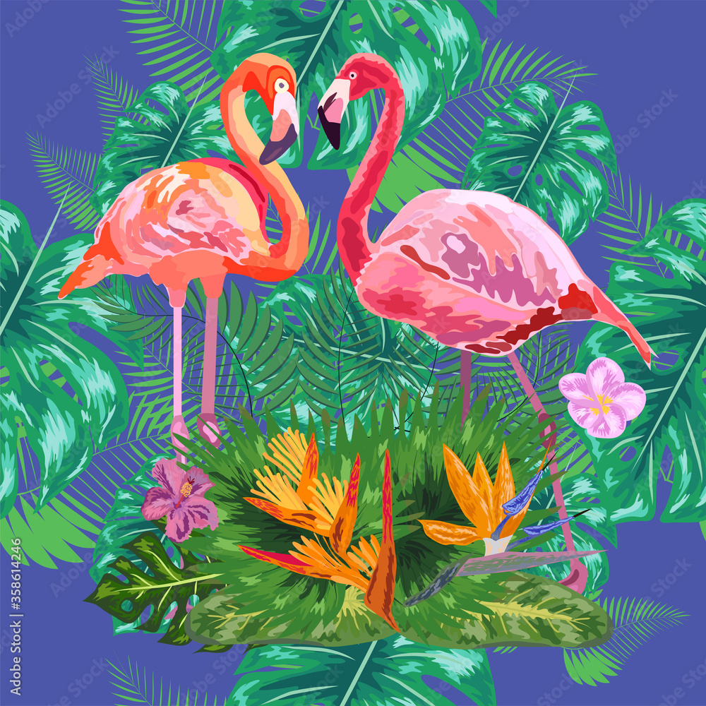 Obraz premium Trendy seamless pattern pink flamingo birds couple. Bright camelia flowers. Tropical monstera green leaves.