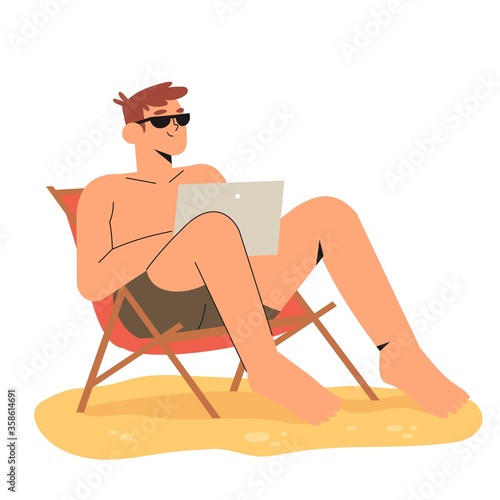 Happy freelancer spending summer on beach or balcony lying on chaise lounge with notebook or laptop. Man working on freelance. Remote work in internet on computer concept. Enjoy freedom from office.