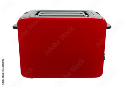 New red toaster with grey parts isolated on white background