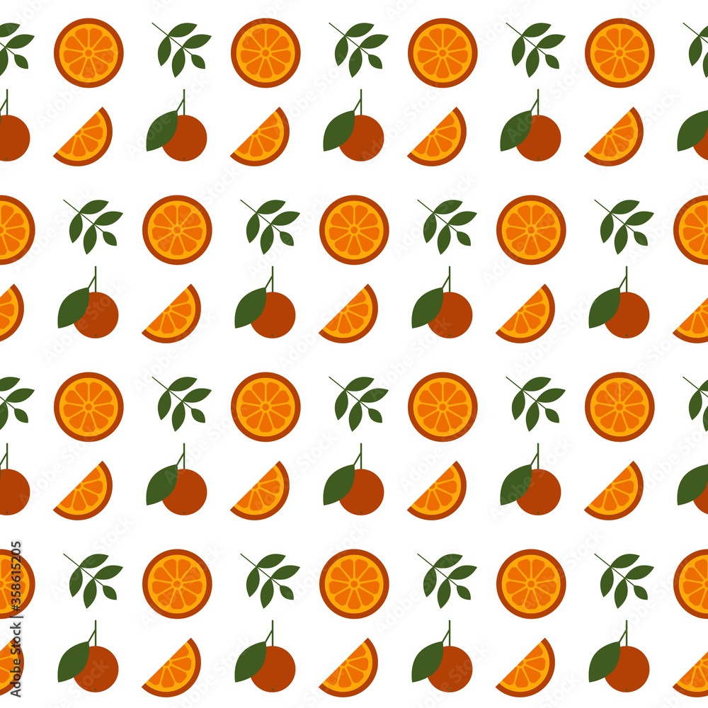 Seamless vector pattern with oranges and leaf motif on white background. Repeat pattern with citrus fruit perfect for wrapping paper, fabric, textile, packaging design and much more Seamless vector pattern with oranges and leaf motif on white background. Repeat pattern with citrus fruit perfect for wrapping paper, fabric, textile, packaging design and much more
