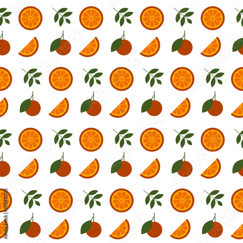 Seamless vector pattern with oranges and leaf motif on white background. Repeat pattern with citrus fruit perfect for wrapping paper, fabric, textile, packaging design and much more