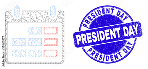 Web mesh calendar page icon and President Day watermark. Blue vector rounded grunge watermark with President Day message. Abstract carcass mesh polygonal model created from calendar page icon.