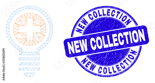 Web mesh medical bulb icon and New Collection seal stamp. Blue vector round scratched seal with New Collection text. Abstract carcass mesh polygonal model created from medical bulb icon.