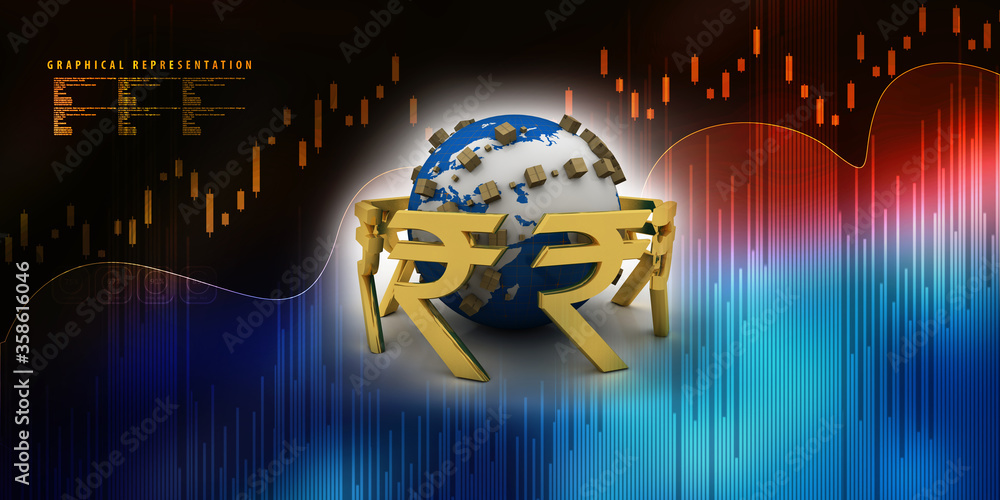 Rupee currency with card box . 3D rendering illustration