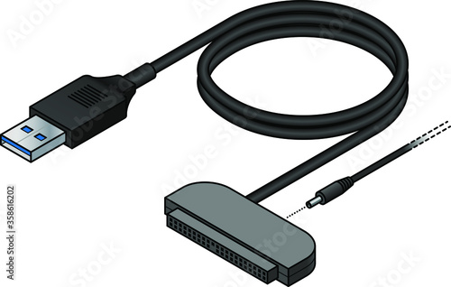 A USB (universal serial bus) cable adapter. USB type A to PATA/IDE. With barrel DC power plug. photo