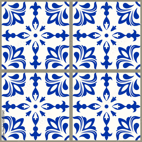 Seamless Damask pattern. Majolica pottery tile, blue, brown and gray azulejo, original traditional Portuguese and Spain decor. Seamless tile with Islam, Arabic, Indian, Ottoman motifs