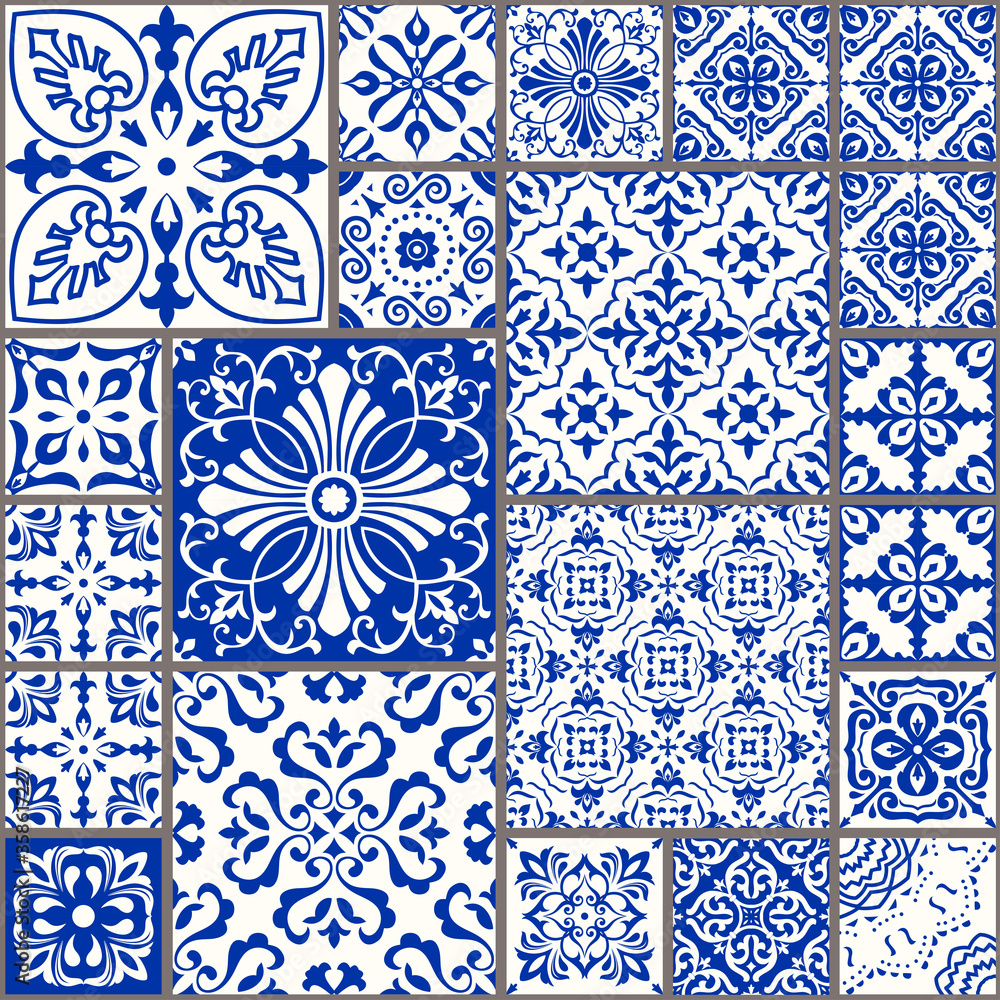 Seamless patchwork tile with Victorian motives. Majolica pottery tile, blue and white azulejo, original traditional Portuguese and Spain decor. Vector illustration	
