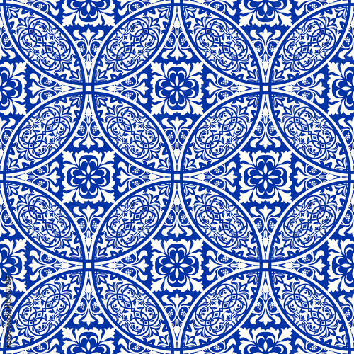 Majolica pottery tile, blue and white azulejo, original traditional Portuguese and Spain decor. Seamless patchwork tile with Victorian motives. Vector illustration.