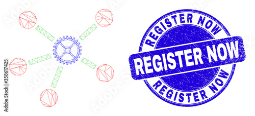 Web mesh gear links icon and Register Now seal stamp. Blue vector round grunge seal stamp with Register Now text. Abstract carcass mesh polygonal model created from gear links icon.