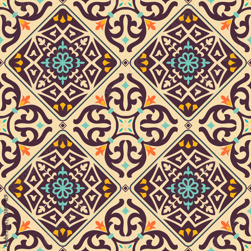 Seamless colorful patchwork tile with Islam, Arabic, Indian, Ottoman motifs. Majolica pottery tile. Portuguese and Spain decor. Azulejo. Ceramic tile in talavera style. Boho pattern