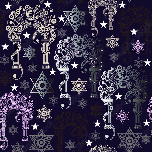 Seamless background with occult symbol. Masonic (freemasonic) texture (pattern). Suitable for textile, wallpapers, print, wrapping, scrapbooking, book cover, cloth design. Vector illustration.