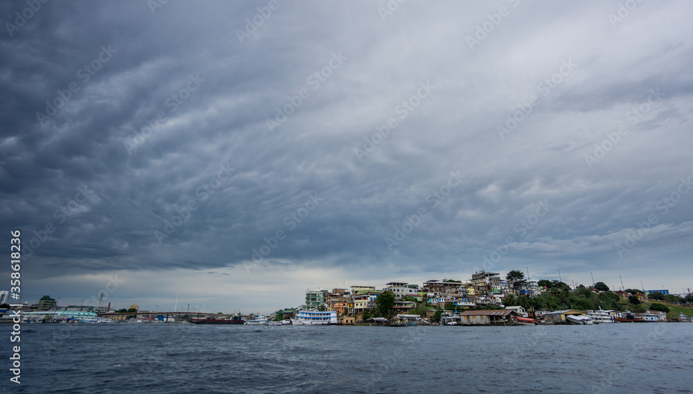 Ultra wide angle of Manaus with cloudy sky, Amazon