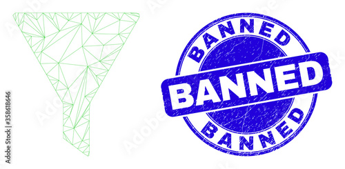 Web mesh filter icon and Banned seal. Blue vector rounded distress seal stamp with Banned text. Abstract carcass mesh polygonal model created from filter icon. Linear carcass 2D mesh in vector format.