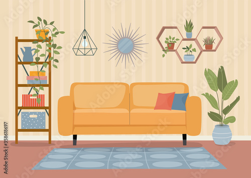 Furniture  sofa  bookcase  mirror and plants. Living room interior.Flat style vector illustration