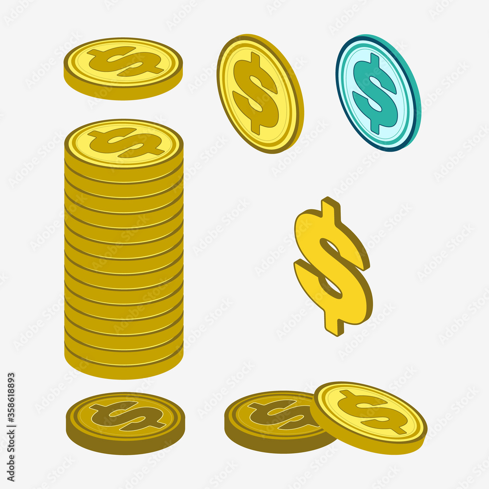 Set of dollar coins in yellow and green on a white background. Separate coins and stack. Vector illustration