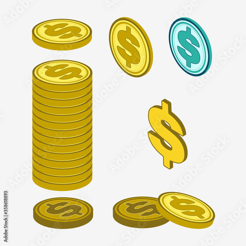 Set of dollar coins in yellow and green on a white background. Separate coins and stack. Vector illustration