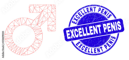 Web carcass male symbol pictogram and Excellent Penis seal stamp. Blue vector rounded textured seal stamp with Excellent Penis caption.