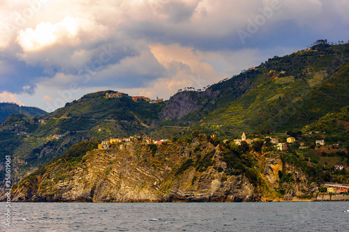 It's Houses on the mountains of Manarola (Manaea), a small town in province of La Spezia, Liguria, Italy. It's one of the lands of Cinque Terre, UNESCO World Heritage Site