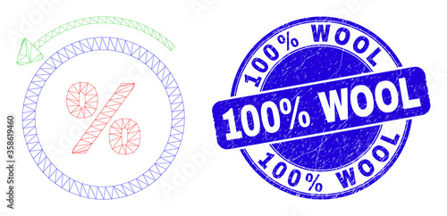 Web mesh percent back icon and 100% Wool stamp. Blue vector rounded grunge stamp with 100% Wool message. Abstract carcass mesh polygonal model created from percent back icon.