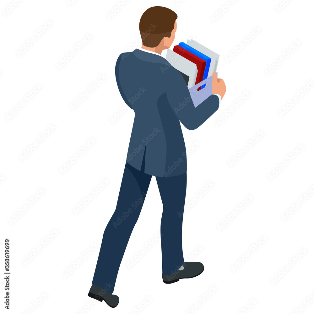 Isometric businessman isolated on write. dismissed frustrated business person holding a box with his things. Unemployment, crisis, jobless and employee job reduction