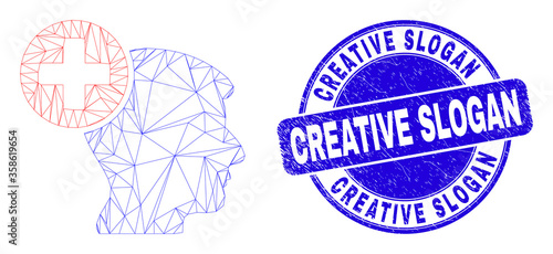 Web mesh head medicine icon and Creative Slogan stamp. Blue vector round distress seal stamp with Creative Slogan message. Abstract carcass mesh polygonal model created from head medicine pictogram.